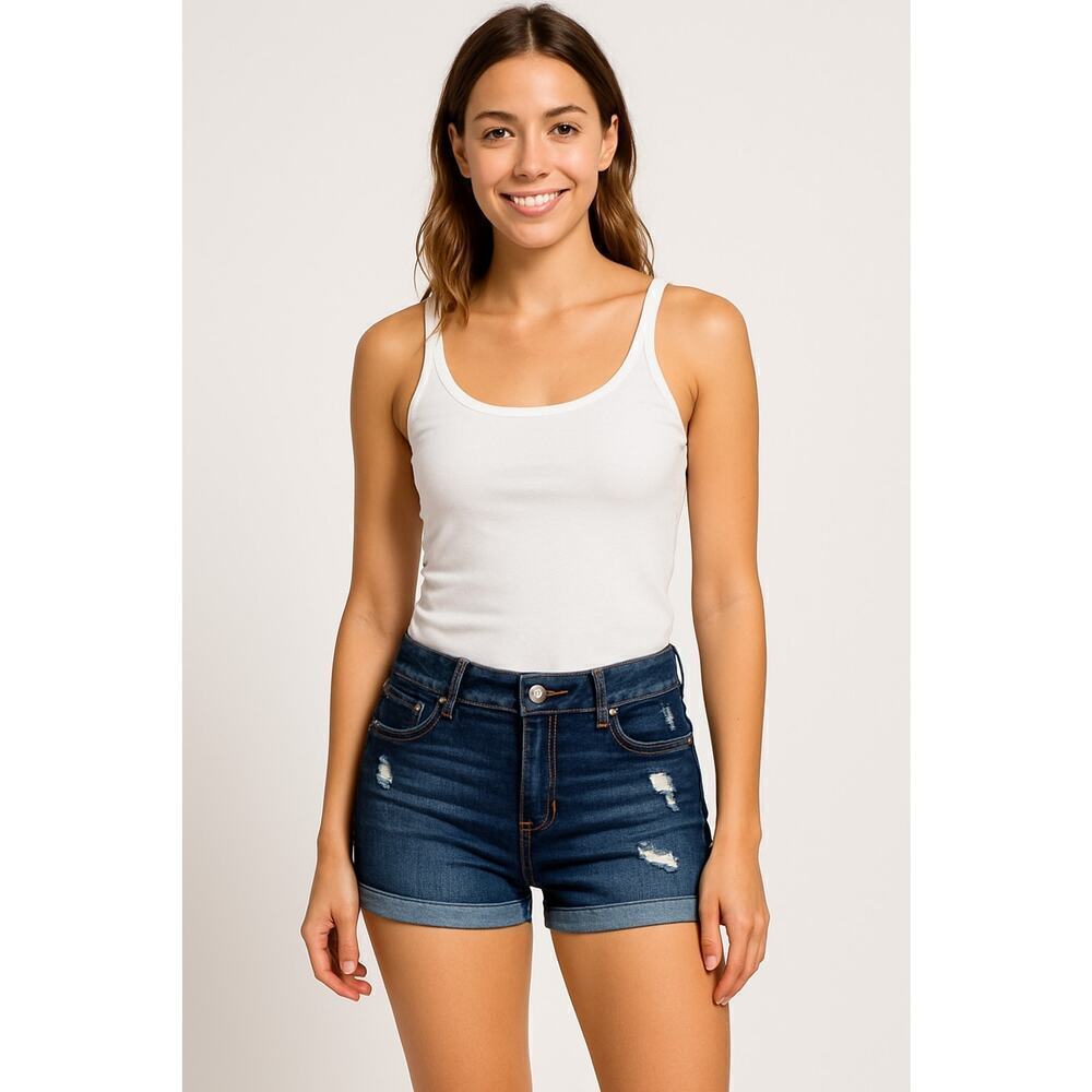 Indigo Rein Womens Distressed Denim Shorts Size 15 Dark Wash Cuffed Travel